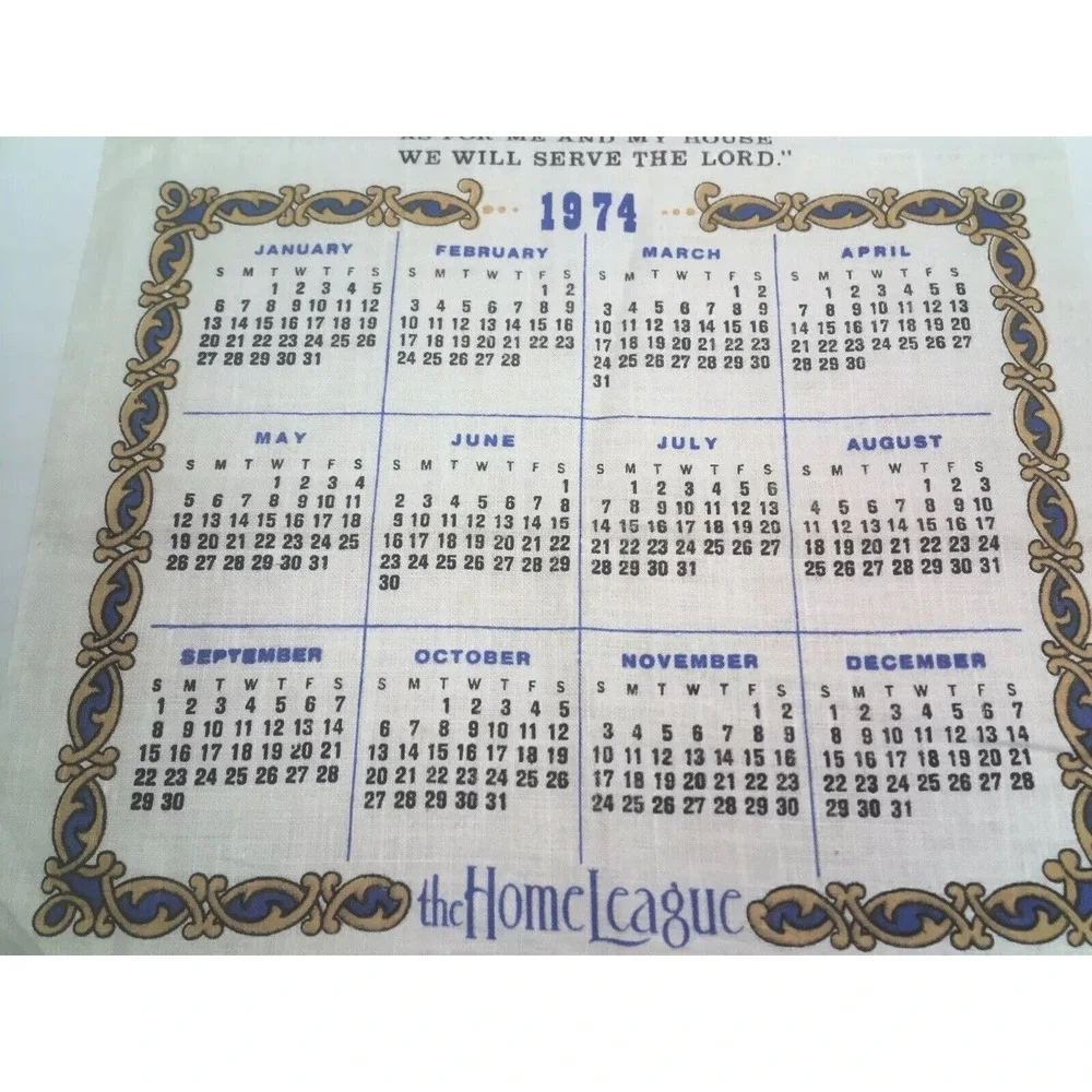 Vintage 1974 Calendar Tea Towel‎ Retro Kitchen Farmhouse Cottagecore Decor